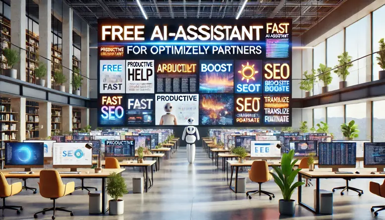 A promotional image titled 'Free AI-Assistant for Optimizely Partners.' The scene showcases a modern office environment filled with multiple large screens