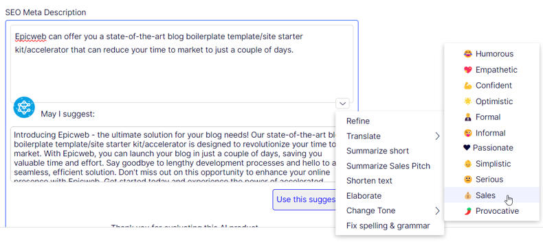 Screendump of the AI Assistant in Rich Text Editor