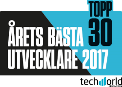 A logo that reads 'Topp 30 Årets Bästa Utvecklare 2017' with a tech-oriented design and color scheme.